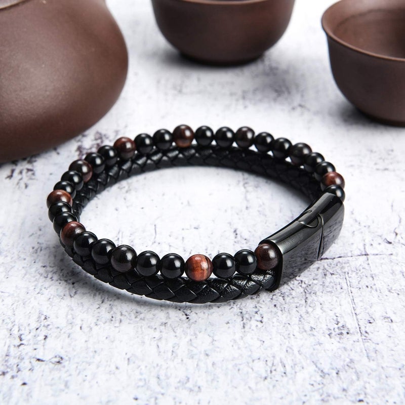 DivaGlamz The Guardian - Son's Tiger Eye Protection Bracelet From Mom, Black Braided Leather natural stone Inspirational Bracelets Engraved Love You Forever Birthday Gift Jewelry - Image 4